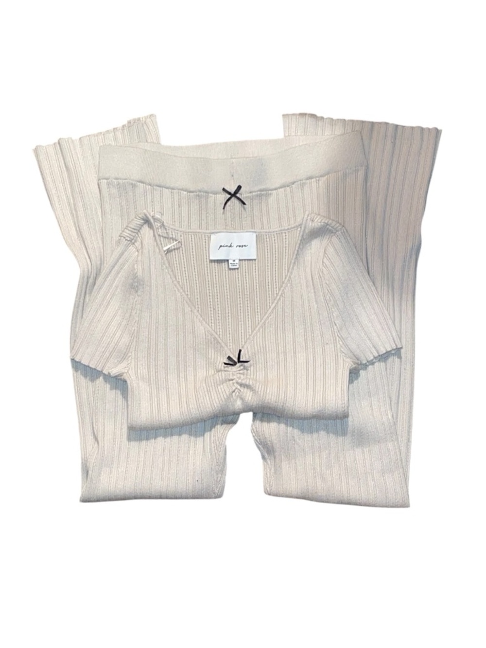 Pink Rose Ribbed Knit Lounge Set in Cream with Black Bow Accents